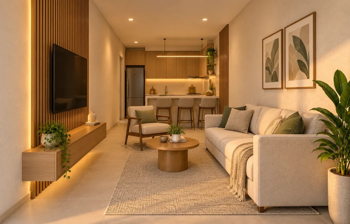 Sala de estar integrada da Casa M69 2Q, com sofá linear, poltrona e painel de TV ripado.