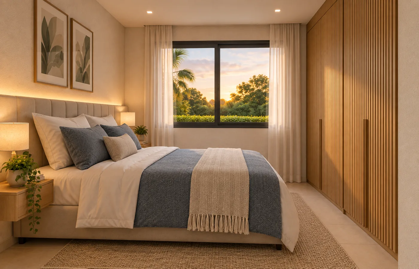Suíte de casal da Casa M69 2Q, com cama de casal, criados-mudos e armário planejado.