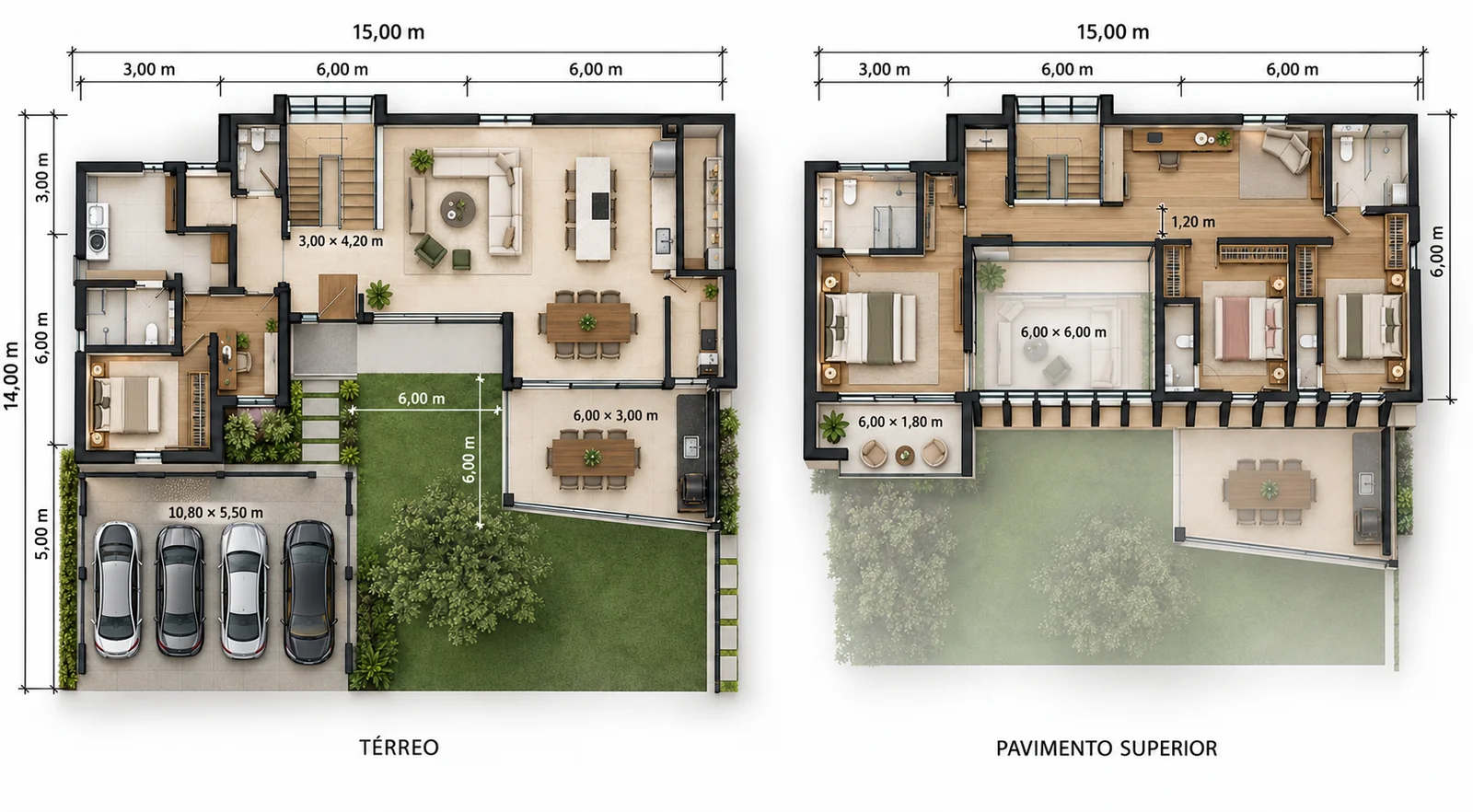 Plantas baixas cotadas do Manacá 210: térreo com garagem, home office, estar, jantar, cozinha e varanda gourmet; pavimento superior com quatro suítes em torno do pátio central.