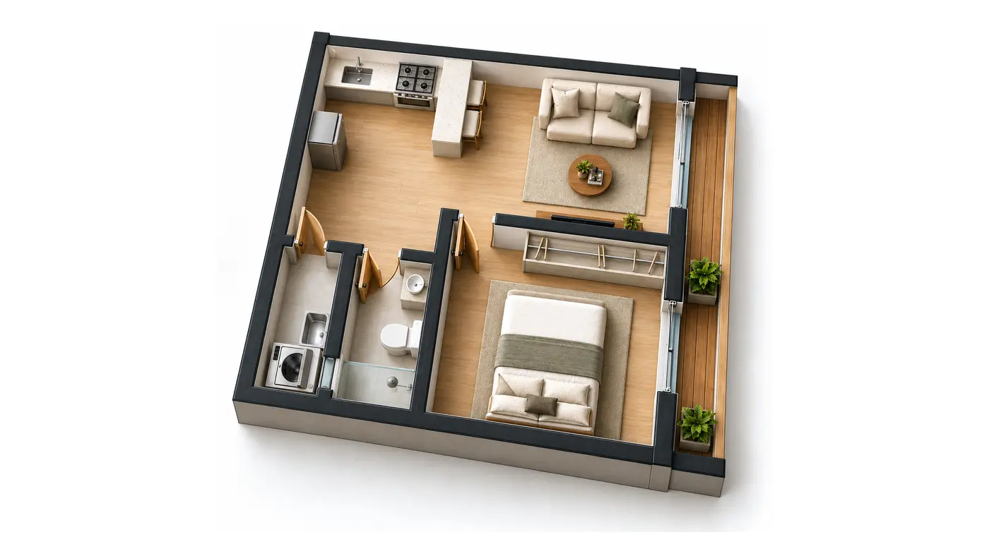 Leitura tridimensional do Residencial Compacto, mostrando a distribuição interna sobre o corpo principal de 5,90 × 6,28 m.