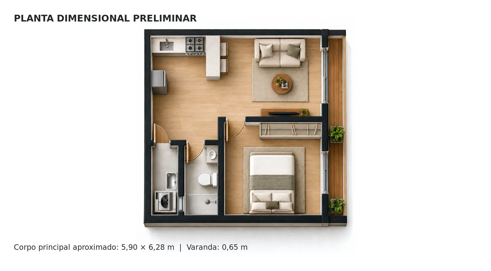 Planta dimensional preliminar do Residencial Compacto: sala e cozinha integradas, dormitório, banheiro completo e lavanderia semiaberta.