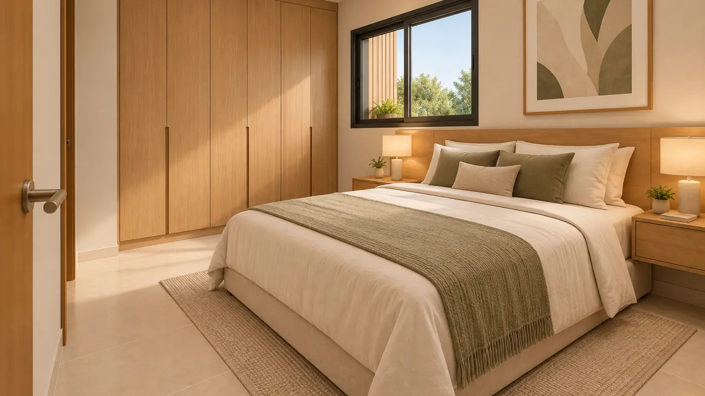 Dormitório do Residencial Compacto, com cama de casal e armário contínuo em aproximadamente 3,30 × 3,38 m.