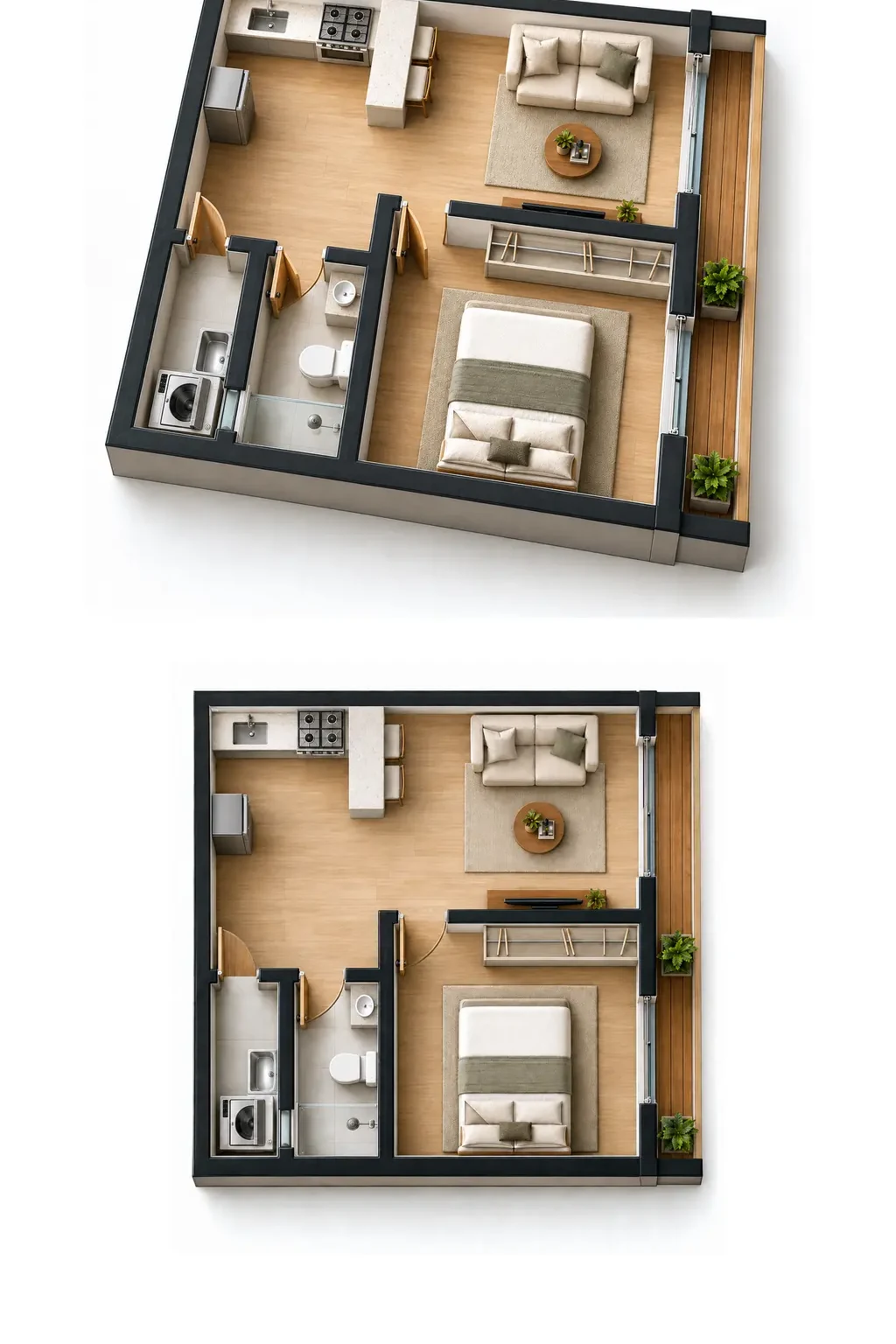 Leitura tridimensional do Residencial Compacto em duas vistas, mostrando o volume e a organização interna dos ambientes.